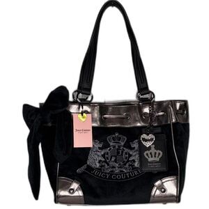 Juicy Couture Classic Scottie Dog Tote Bag Black Velour Metallic Trim HTF Viral